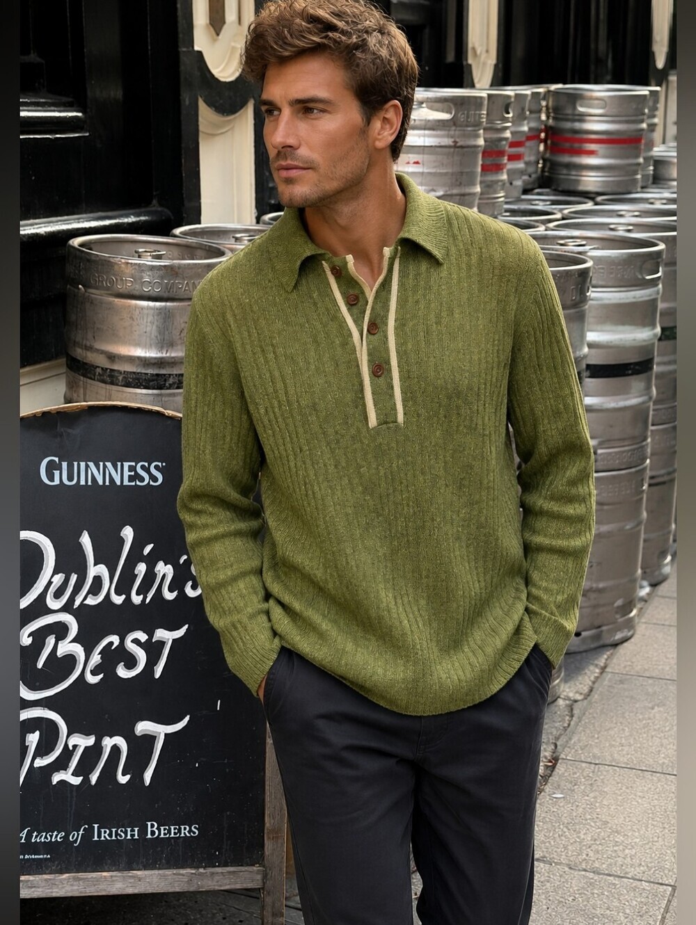 Thane 100% Wool Men's Olive Green V-Neck Collared Knit Sweater Size Extra Large